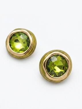 NEW Round 14K Gold Plated Peridot Green Austrian Crystal & Enamel Stud Earrings